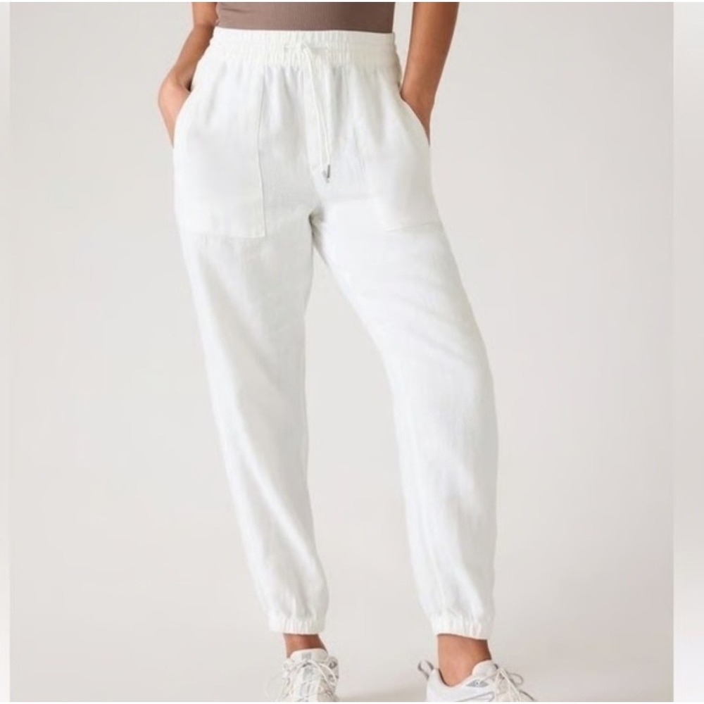 Athleta Cabo Linen Jogger Pants White Size 12‎ Drawstring Zip Pockets